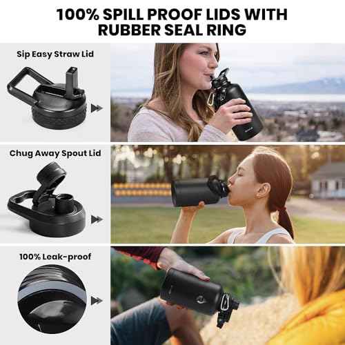 Insulated Water Bottle 64 oz, Triple Wall Vacuum Stainless Steel (Cold for 48 Hrs), Leak Proof & Non-BPA, Half Gallon Water Flask Jug with Paracord Handle & Straw Spout Lids, Magic Black