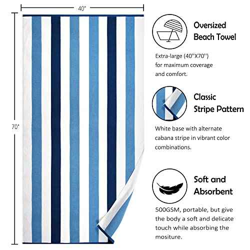Cotton Oversized Beach Towel - Extra Large 40"X70" Plush Thick Pool Towel, XL Fluffy Blue Beach Towels Stripe Swimming Towel for Adults Mens Women (White Navy Blue)
