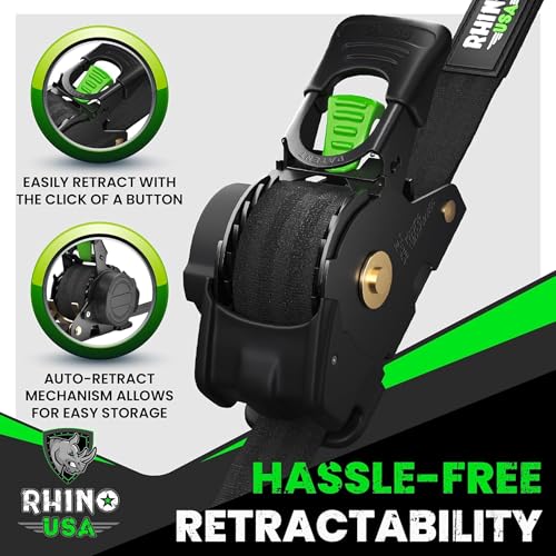 Rhino USA Retractable Ratchet Straps 2 Pack - 1in x 10ft, 1,209lb, Black