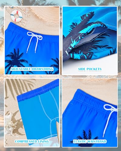 Boys Swim Trunks with Compression Liner Quick Dry Beach Swimwear - Blue Coconut Tree 10-12 Years
