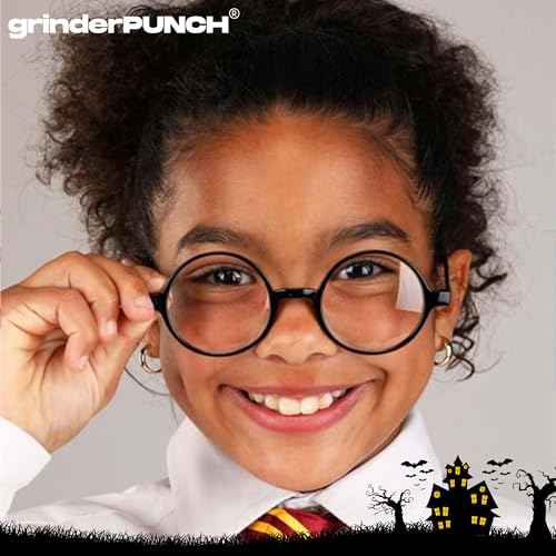 grinderPUNCH Kids Childrens Wizard Nerd Round Black Frame Glasses, Clear Lens (Age 4-12)