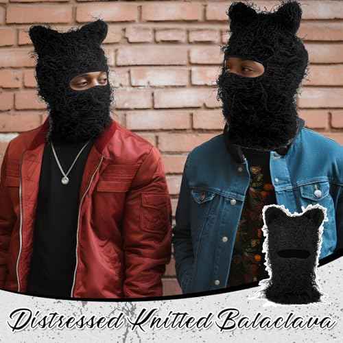 Newcotte Black Distressed Balaclava Ski Mask with Cat Ear Knitted Beanie Y2k Full Face Mask Furry Cap Windproof Winter Hat Neck Warmer for Men Women