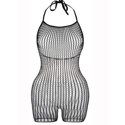 Lunedear Womens Sexy Cover Ups Black Mesh Romper Halter Neck Bathing Suits Summer Beach Fishnet Short Rompers Swimsuits Coverups