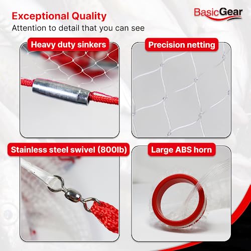 BasicGear 8ft Radius Cast Net - Zinc Iron Sinkers & 3/8" Mesh for Bait Fishing