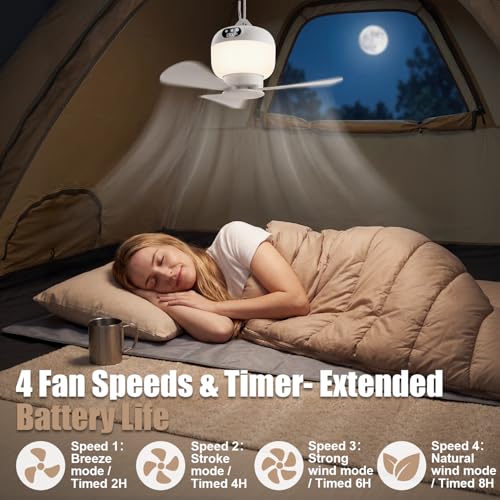 Camping Fan with Light Remote, Rechargeable Tent Fan with 4 Speeds