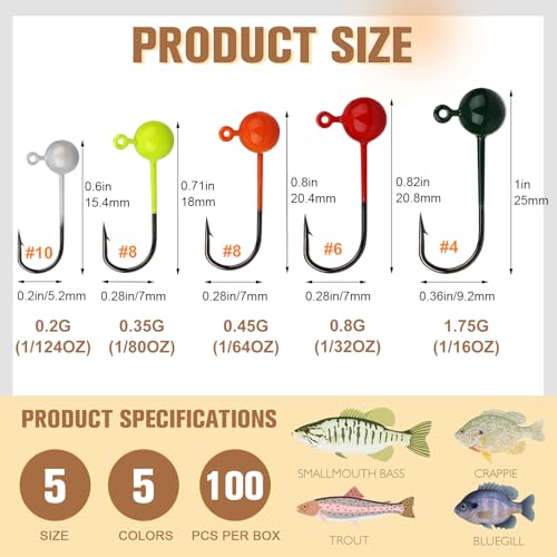 Fly Tying Jig Heads Kit - 100pcs Small Barbed Hooks & Multiple Weights - Straight Shank Hooks 1/16oz Variation