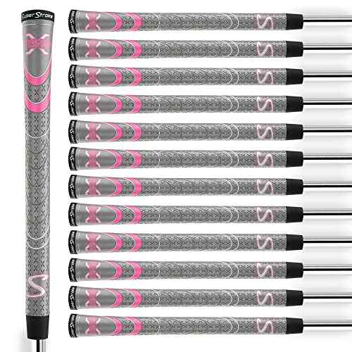 SuperStroke Cross Comfort Golf Club Grip, Gray/Pink (Undersize), Pack of 13 Soft & Tacky Polyurethane That Boosts Traction X-Style Surface & Non-Slip, Swing Faster & Square The Clubface More Naturally