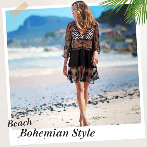 Cuffbow Black Boho Lace Cover Up for Women - V-Neck Beach Dress Vacation Swimwear