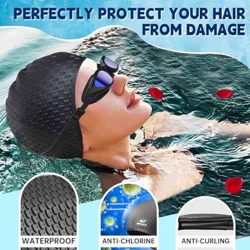 Whlae Extra-Large Swim Cap, Featuring A Durable Silicone Strap and Waterproof Ear Design, Suitable for Long Hair, Thick Curly Hair and African Braids