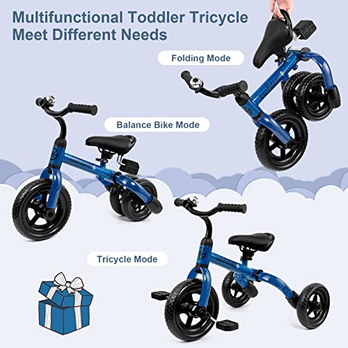 Blue 3-in-1 Toddler Tricycle with Folding Frame & Adjustable Seat