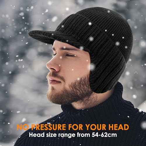 Winter Beanie with Brim and Ear Flaps for Men, Knitted hat with Fleece Lining for Warmth Caps for Men Women