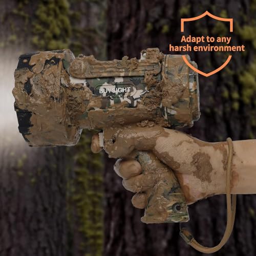 Rechargeable LED Spotlight Flashlight with Red Filter - Waterproof, Impact-Resistant, Foldable Stand, Camouflage Green