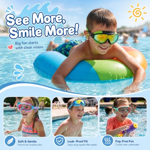 Kids Swimming Goggles Set 3 Pack with Earplugs Anti-Fog UV Wide View - Green, Blue, Purple SG003