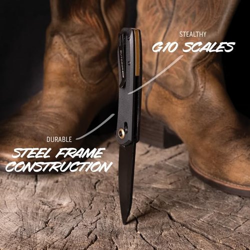 OUTDOOR EDGE - SENTINEL - 3.15" Black Oxide Coated Drop Point Steel Blade, Smooth Opening Ambidextrous Cross Bar Lock For Men or Women, Non-Slip Black G10 Scales Handle, Perfect for Hunting, Fishing, Camping & Survival.