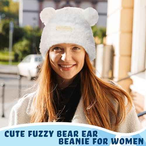 2 Pcs Cute Fuzzy Bear Ear Beanie for Women Winter Plush Warm Woolen Hat Faux Fur Animal Knitted Cap