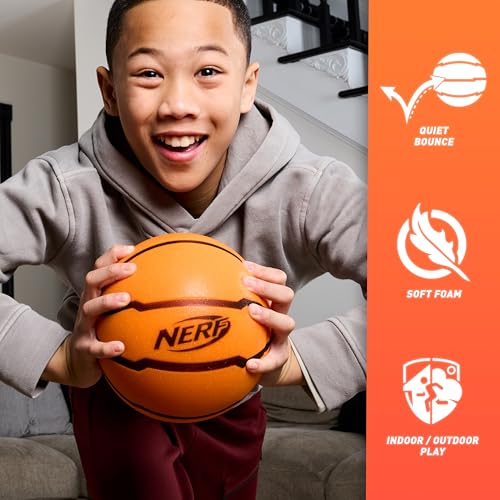 Nerf Quietcourt Silent Foam Basketball - Mini Size 7 Inches - Never Goes Flat - Orange