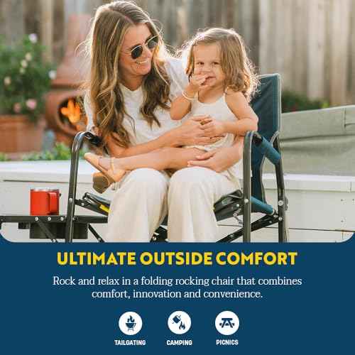 GCI OUTDOOR Freestyle Rocker with Side Table Camping Chair | Portable Folding Rocking Chair with Solid, Durable Armrests, Drink Holder & Comfortable Backrest ? Heathered Indigo