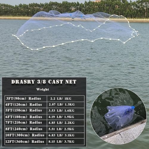 Saltwater Casting Net 3/8 Mesh with Heavy Duty Sinkers, 10Ft Radius, Hand-Rolled Monofilament