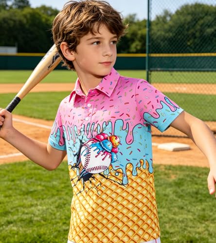 Cozople Boys Polo Shirt - Lightweight Short Sleeve Collared Top for 5-14 Years, Ball Ice Cream Pattern