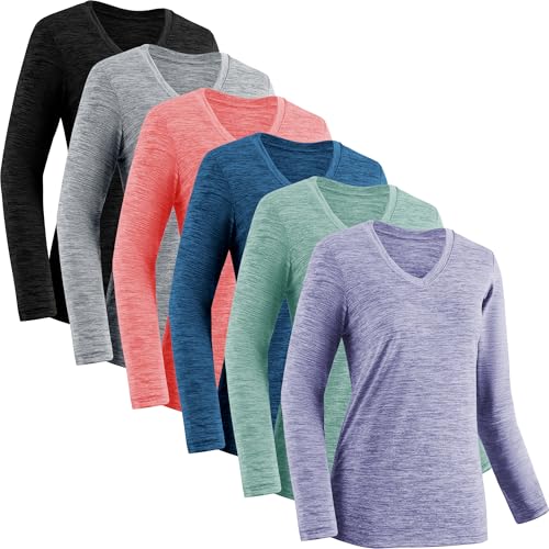 Moisture Wicking Long Sleeve Workout Shirts for Women - 6 Pack Black Gray Watermelon Purple Green Blue Medium