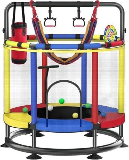 Trampoline for Kids, Full Anti-Rust 440lbs Anti-Rollover Round Bottom Toddler Trampoline, T-handrail Adjustable Baby Toddler Trampolines Dart Board Dark Red Yellow Blue (Dark Red Yellow Blue, 55)