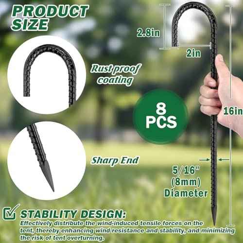 16 Inch Ground Stakes Heavy Duty,8 Pack Metal Fence Stakes for Ground for Wire Fencing,Heavy Duty Long Tent Stakes for Trampolines Camping Canopies and Swing Set