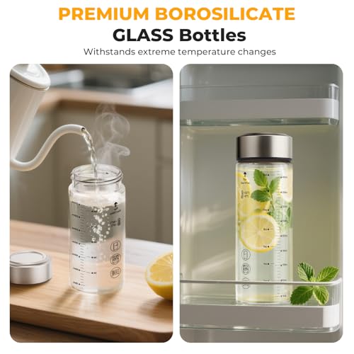 Clear 4-Pack 12oz Borosilicate Glass Juice Bottles with Leakproof Lids