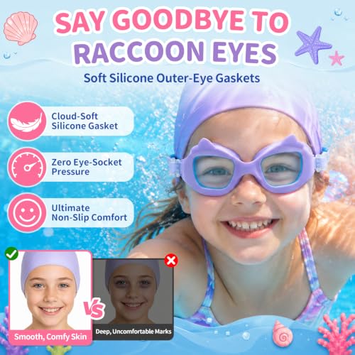 Toddler Swim Goggles with Cat Ears & Strawberry Scale - Anti-Fog, Fabric Strap, Age 2-8