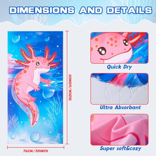 Kids Beach Towel Axolotl Quick Dry Swim Towel - Pink, 30x60 Inches - Variation A003