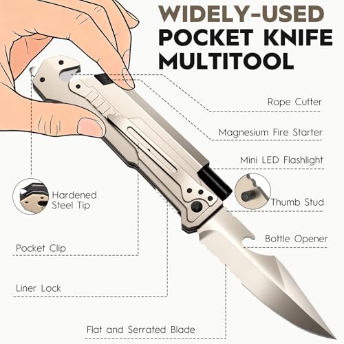 7-in-1 Multitool Folding Pocket Knife with LED Light Titanium Silver - Emergency Survival Tool for Camping, Hiking, Car Escape