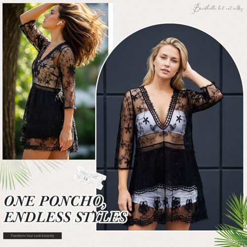 Cuffbow Black Boho Lace Cover Up for Women - V-Neck Beach Dress Vacation Swimwear