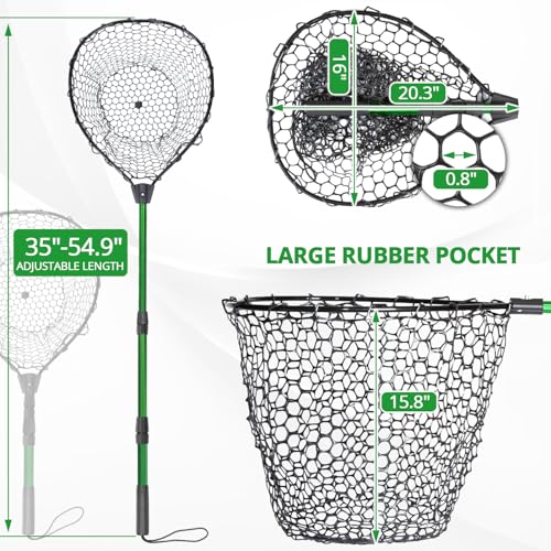 Telescoping Rubber Fishing Net with Handle - 20.3x16 Inch Hoop, L Size
