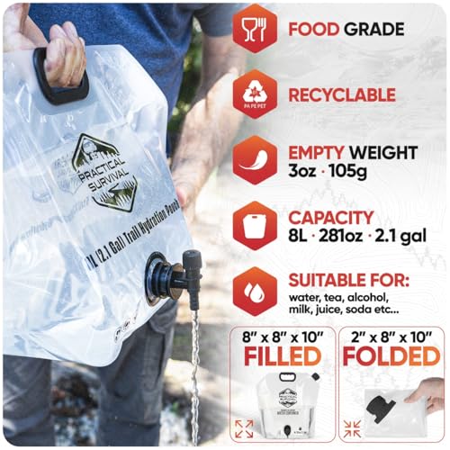Portable Water Container Bags with Spigot - 2.1 Gallon/8L BPA-Free Folding Water Storage Jug, 3 Pack
