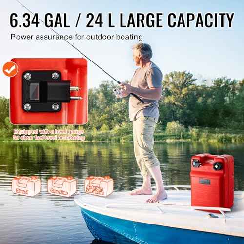 VEVOR Marine Tank, 6.34-Gallon/24-L Portable Tank with 9.8ft Hose, Gauge for Outboard Engine, Yacht, Fishing, Deck Boat, Red