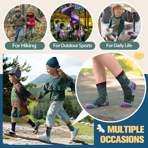 Kids Merino Wool Hiking Socks - Assorted Stripes, 6 Pairs, Toddler & Youth Thermal Warmth