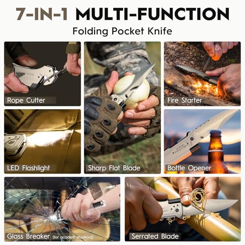7-in-1 Multitool Folding Pocket Knife with LED Light Titanium Silver - Emergency Survival Tool for Camping, Hiking, Car Escape