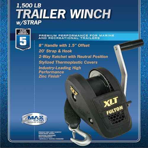 Fulton 142311 XLT Marine Trailer Winch, Single-Speed, 1,500 lbs. Capacity, 20 Foot Strap, 8 Inch Handle, Black Cover