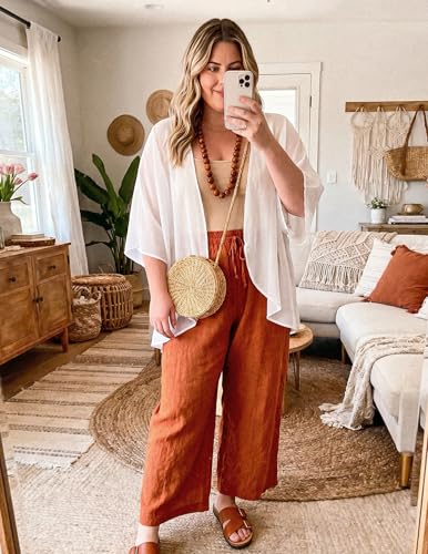Medium White Women's Chiffon Kimono Cover Up - Open Front, Casual, Loose Fit