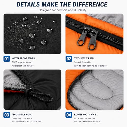 3-Season Lightweight Waterproof Sleeping Bag for Adults - Compact & Portable for Camping & Hiking