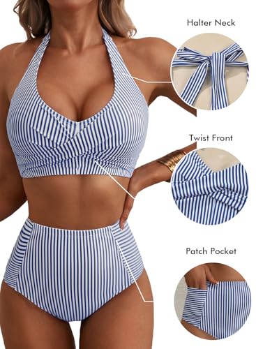 Herseas Women's High Waisted 2 Piece Bikini Set - Blue Stripe, Medium
