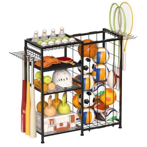 Garage Ball Storage Rack with Hooks & Bungee Organizer for Sports & Toys
