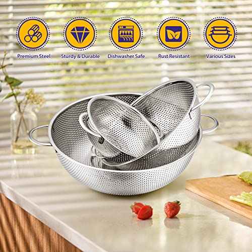 E-far Stainless Steel Colander Set of 3 (1, 3, 5 Quart) Kitchen Strainers with Handles