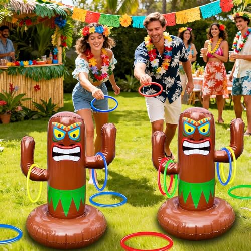 Inflatable Tiki Pool Ring Toss Game - 27 Inch Tropical Summer Party Toy with 4 Rings