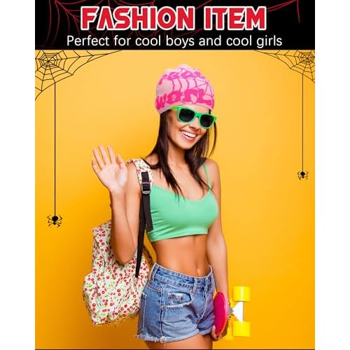 Toulite 12 Pieces Y2K Spider Web Beanie Gothic Graphic Beanies Outdoor Winter Warm Knitted Hat for Men Women