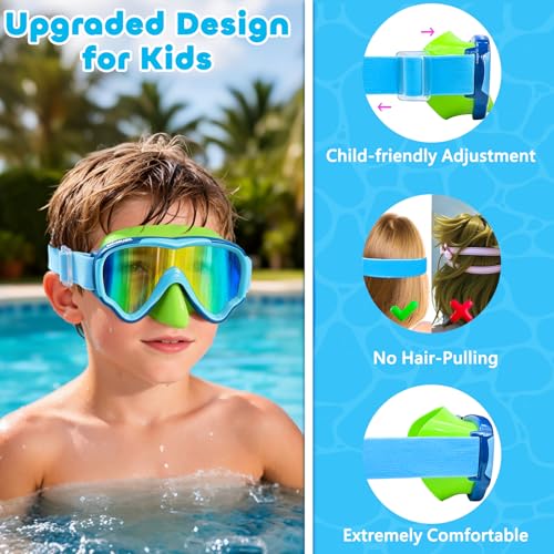 Kids Swim Goggles with Soft Fabric Strap & 3D No-Leak Nose Cover - Blue+Green