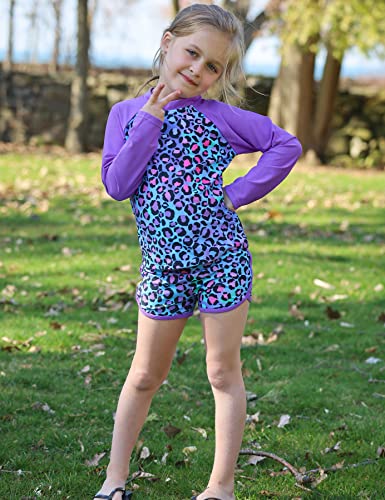 Girls 2-Piece Rash Guard Swimsuit Long Sleeve Tankini for 4-10Y - Leopard Purple, 6-7 Years