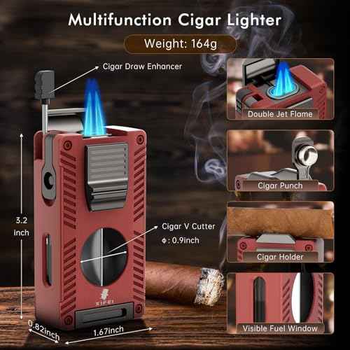 XIFEI Torch Lighter, Double Jet Flame Lighter with Cigar V Cutter and Punch, Draw Enhancer and Holder, Refillable Butane Lighter, Multifunctional Cigar Accessory for Men's Gift (Red)