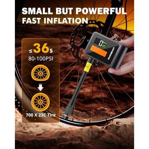 Auxbeam Tiny Bike Pump with Gauge, 120PSI Electric Bicycle Pump with Presta and Schrader Valve, Portable Air Pump for Road Bike, City, Mountain and E-Bike