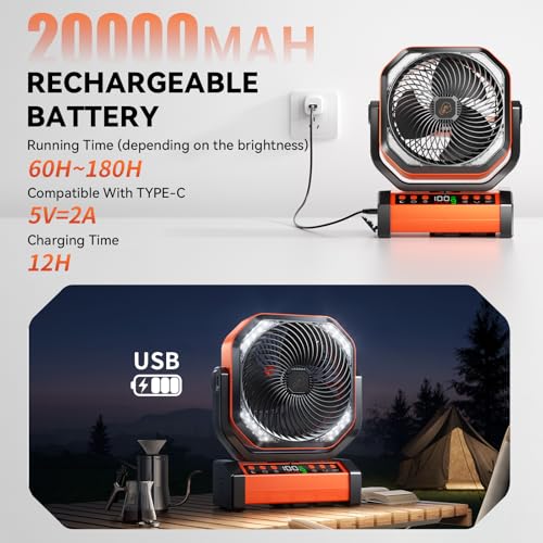 Camping LED Fan with Light 20000mAh Rechargeable Battery Orange - 8 Speed Portable Tent Fan & Light