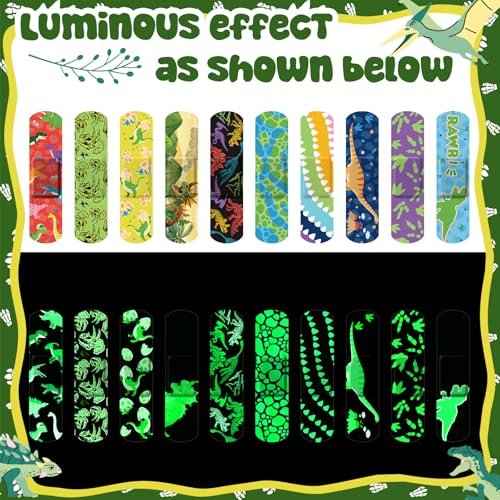 100 Pcs Glow in The Dark Bandages, Cute Breathable Waterproof Neon Adhesive Wraps with Dinosaur Designs for Cuts, Scrapes, and Wounds